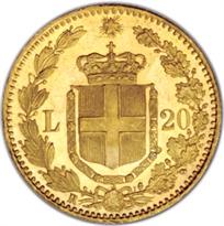 Italy Gold 20 Lire (1861-1927) reverse, 