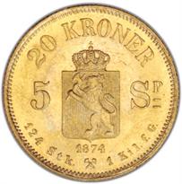 Norway Gold 20 Kronor (1874-1910) reverse, 