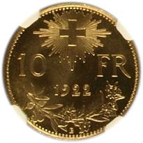 Switzerland Gold 10 Franc (1911-1922) reverse, 