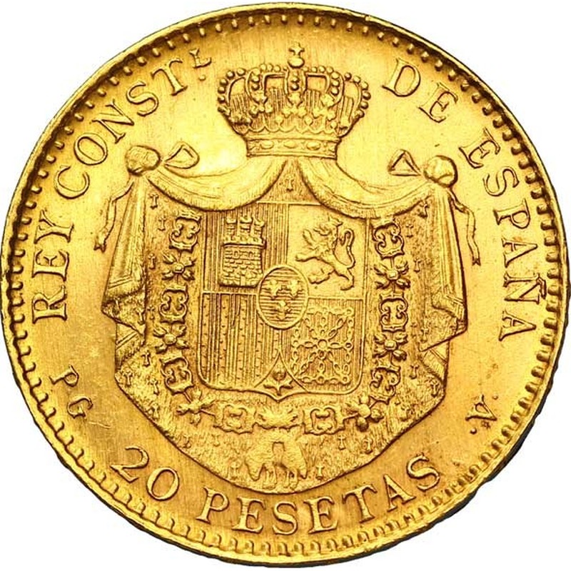 Spain Gold 20 Peseta Alfonso XIII (1889-1893) reverse, 