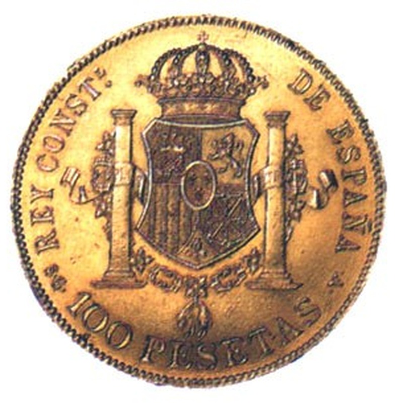 Spain Gold 100 Peseta (1876-1892) reverse, 