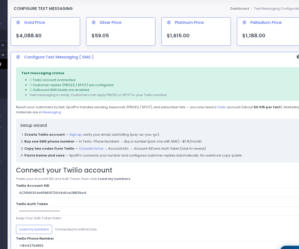 Messaging configuration with optional Twilio setup wizard