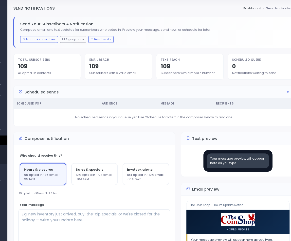 Send Notifications compose screen with email preview