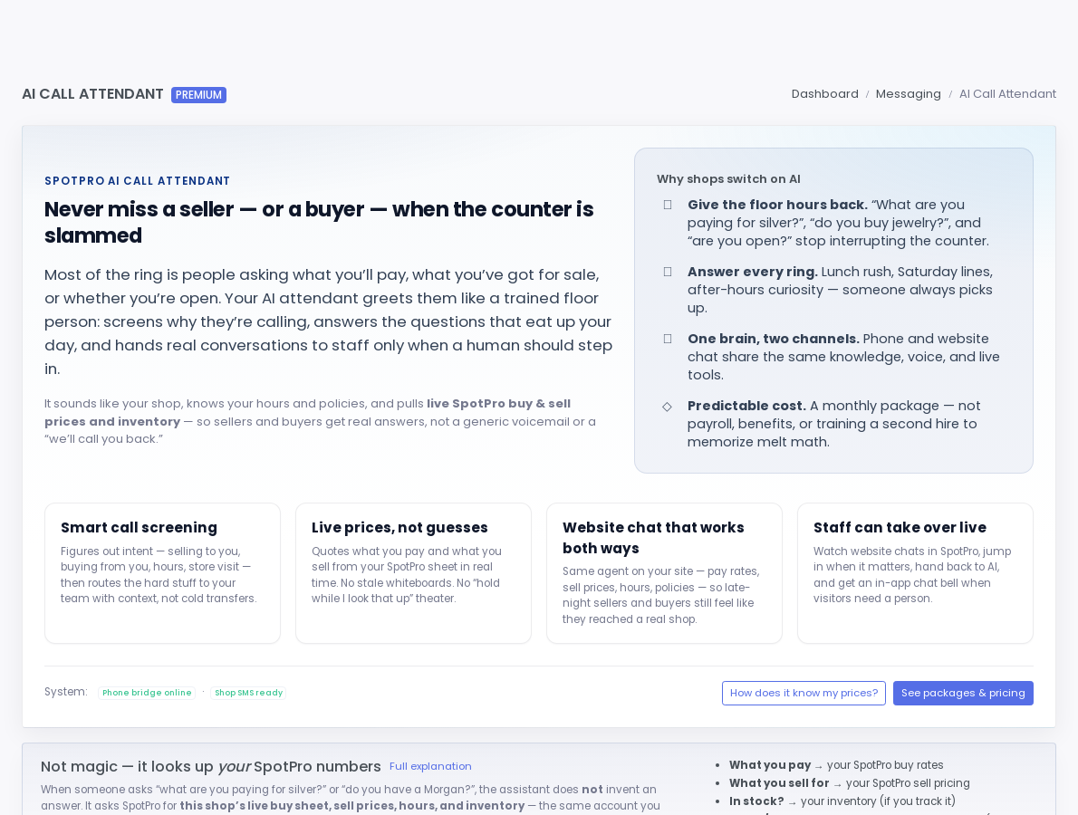 SpotPro AI Call Attendant for coin dealers