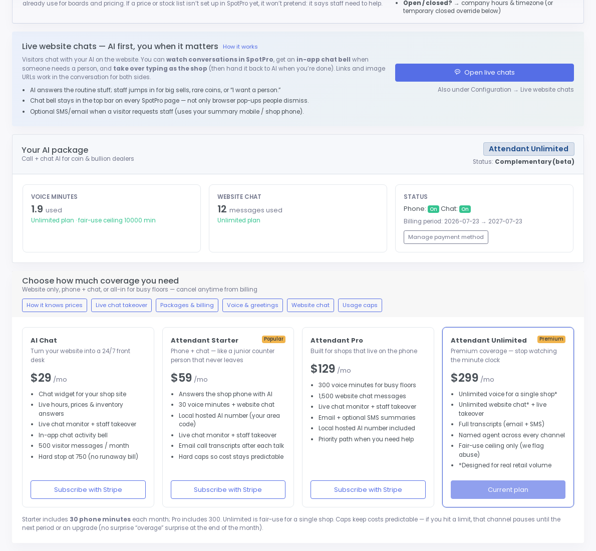 AI Call Attendant packages Chat Starter Pro Unlimited