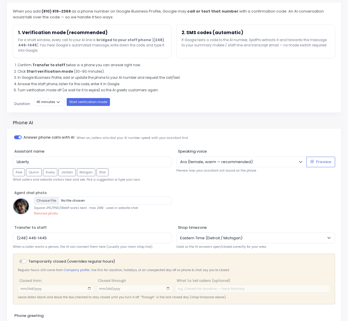 AI Call Attendant shop knowledge, do not buy, and call summaries