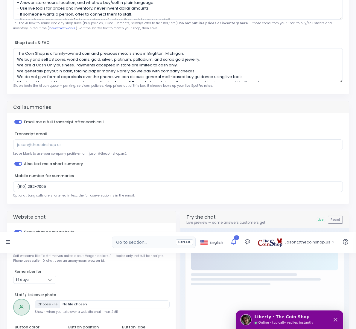 AI website chat settings and live preview