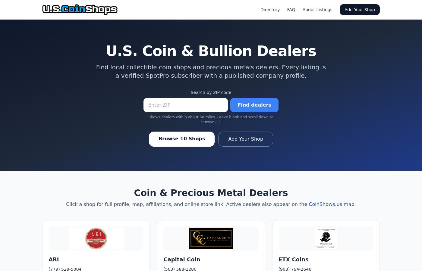 USCoinShops dealer directory
