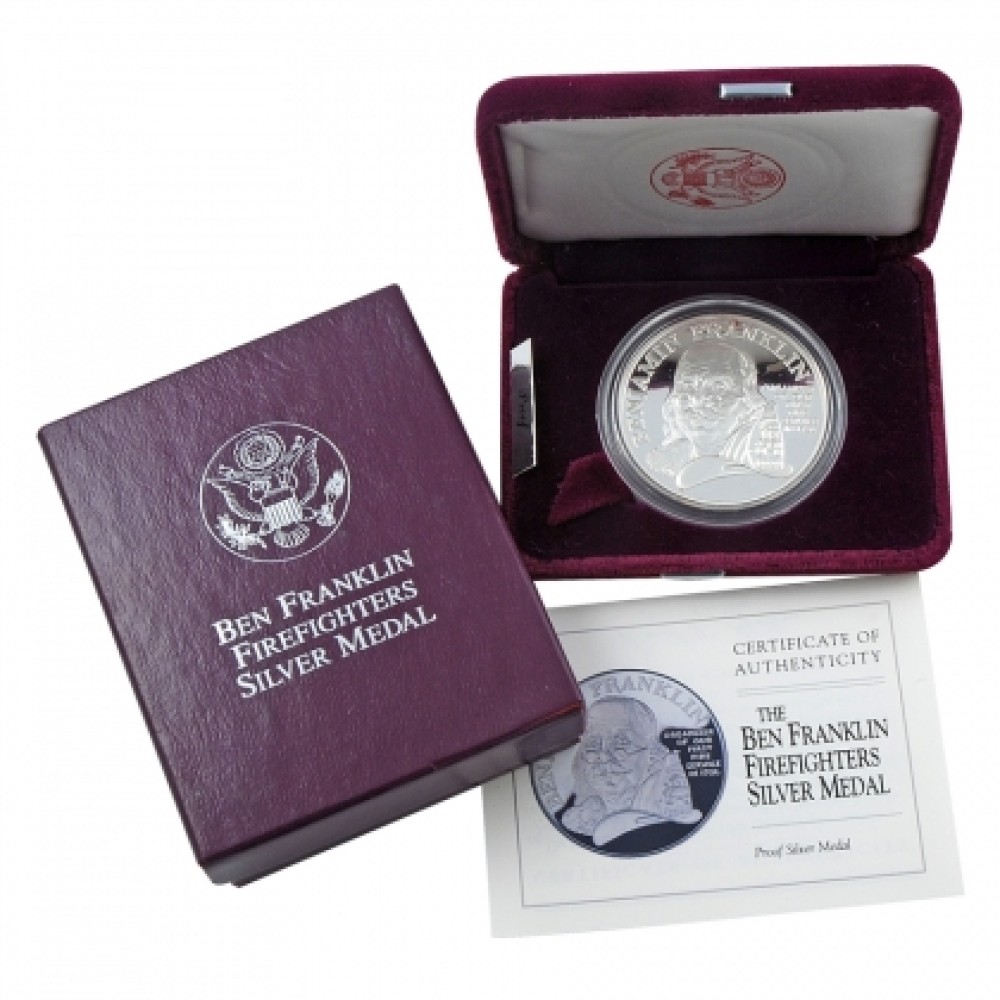 1992-P Ben Franklin Firefighters Silver Medal Proof 1 oz .999 Fine  